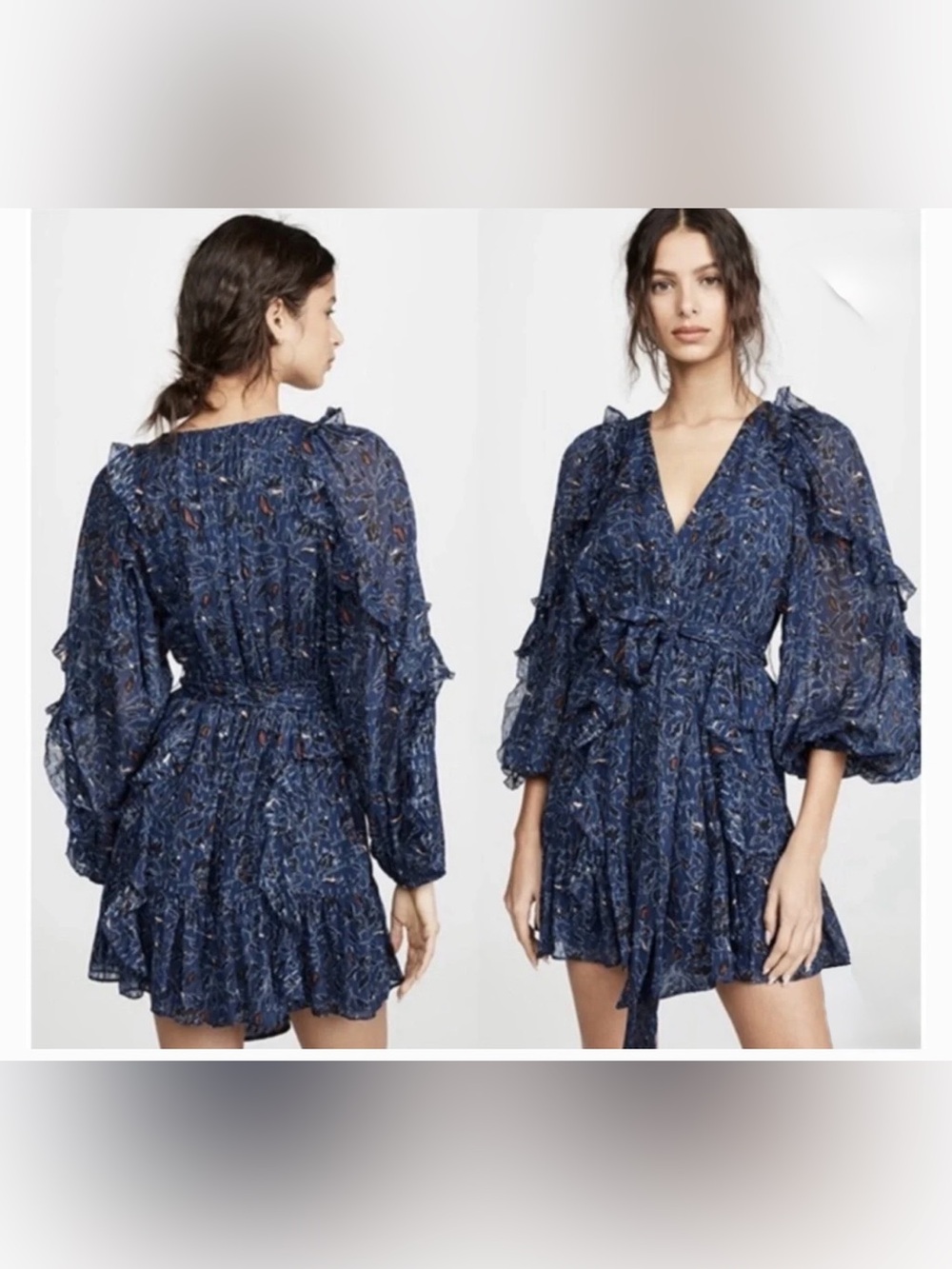 Ulla Johnson Navy Floral Ruffle Wrap Mini Dress